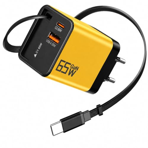 ERBO USB C Ladegerät 65W GaN, Schnellladegerät mit Einziehbarem Ladekabel (0,7 m), USB-C Kabel, 3-Port USB-C Netzteil Reise Ladegerät für MacBook Pro/Air, iPhone 17/16/15, Samsung Galaxy, iPad, Laptop