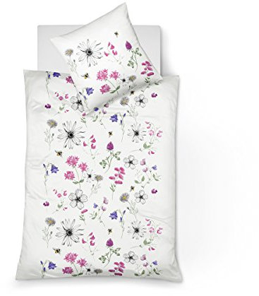 fleuresse 113825, sommerliche Mako-Satin-Bettwäsche, sommerliche Blumen mit Bienen, Oeko-TEX® Standard 100 Zertifiziert, 135 x 200 cm, Fb. Magnolie