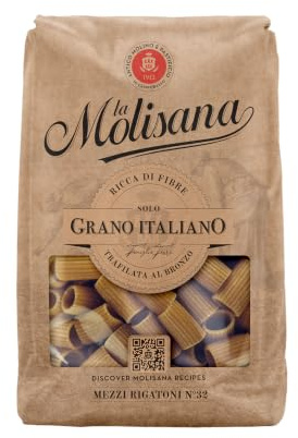 La Molisana Mezzi Rigatoni Nr. 32 Vollkorn Bronze Pasta 500 g | Bronzegezogene Mezzi Rigatoni aus italienischem Vollkorn-Hartweizen, ballaststoffreich fuer kraeftige Saucen, 500 g