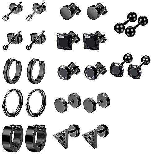 12 Pairs Black Earrings Studs, Stainless Steel CZ Screw Studs Cartilage Earrings Hoops Barbell Ear Plugs Ear Piercing Triangle Screw Studs Earrings Endless Round Huggie Hoop Men's Earrings