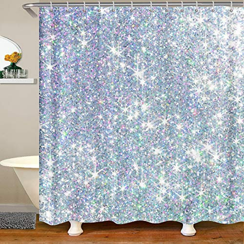 Loussiesd Galaxy Duschvorhang mit Haken, Glitzer, Weltraum-Dekoration, Stoff, Badezimmer, Universum, Sternenhimmel, wasserdicht, Duschvorhänge, Silbervorhang, 180x180 cm