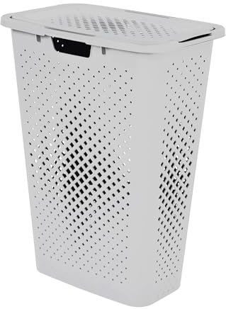 SUNDIS Pixel, panier à linge 40l, en plastique recyclé, blanc cassé, idéal pour les petits espaces, 2 poignées latérales et 1 poignée au-dessous, aération sur les 4 côtés