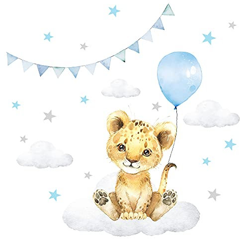 Little Deco Wandsticker Wandtattoo Kinderzimmer Deko Junge Tiere Löwe Ballon Wolken Aufkleber Baby Spielzimmer Wandbild selbstklebend blau DL686-1