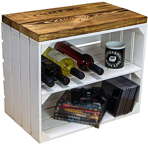 Kistenkolli Altes Land Sitzkiste Johanna Obstkiste und massiven Holzplanken Schuhablage Schuhkommode Hocker Sitzbank Holzbank Regalkiste aus Holz Maße 50 x 30 x 43cm L x T x H (Weiss/geflammt)