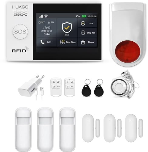 HUXGO HXA007 Funk Alarmanlage mit zweiter Alarmsirene, WiFi + GSM Modul, 3X Bewegungssensoren 3X Türöffnungsmelder - Bewegungsmelder mit Alarm - Alarmanlage Haus-Alarmanlage Wohnung
