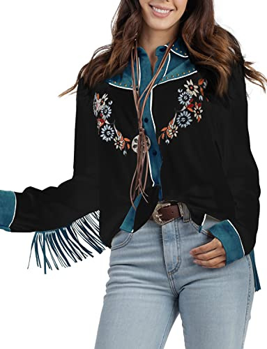 JOHN MOON Damen-Westernbluse mit Stickerei, langärmelig, mit Knopfleiste, Hemdkragen, retro, lässige Bluse