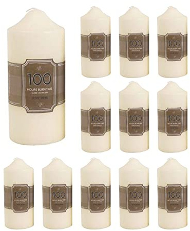 Pack of 12 x 100 Hour Cream Church Pillar Candles | 16cm x 7cm Ivory Cream Candle Block Candle Set of Twelve | Unscented Decorative Votive Lantern Candle
