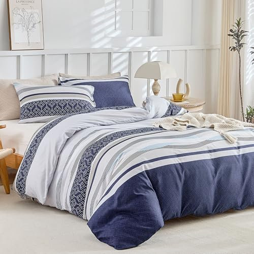 Tokokimo Housse de Couette 200x200 avec 2 Taies d'oreiller 65x65 cm - Design Bohémien - Parure de lit 200x200 cm - 100% Microfibre Housse Couette avec Fermetures éclair, Bleu Rayures
