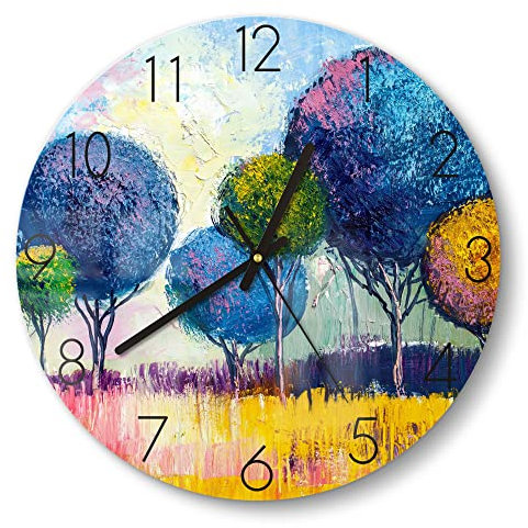 DEQORI Glasuhr | rund Ø 30 cm | Motiv Kugelförmige Bäume | ausgefallene leise Design Uhr aus Glas | Wanduhr für Wohnzimmer & Küche | moderne Hingucker Uhr für die Wand