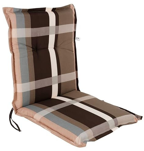 Spetebo Universal Niedriglehner Polster Auflage 100 x 50 cm - Burgas - Gartenstuhl Niederlehner Kissen mit Karo Muster - Sitzkissen Stuhlauflage braun mit Haltegurt