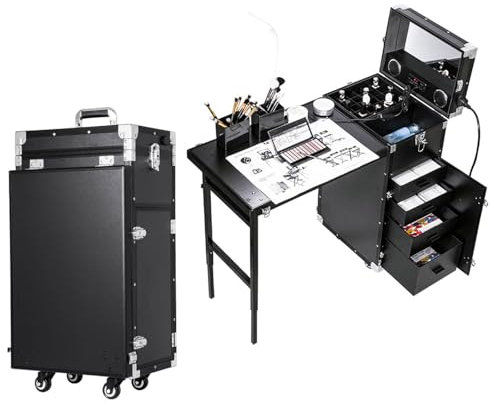 CAULO Rolling Manicure Table Foldable Nail Table Makeup Train Case Portable Nail Desk Workstation with Drawers Mirror Speaker