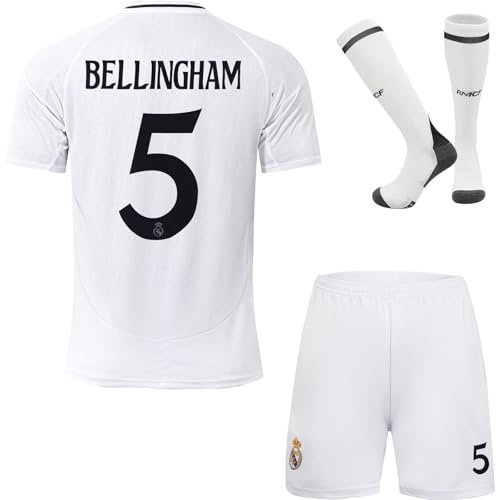 R. Madrid #5 Bellingham Maillot Domicile de Football 2025/2026 pour Enfants Nouvelle Saison, Shorts, Chaussettes, Tailles Jeune (Blanc, 24)