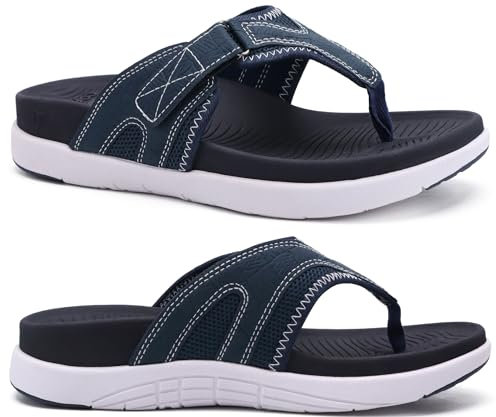 COFACE Mens Flip Flops with Arch Support Comfortable Leather Beach Sandals for Men Orthopedic Thick Cuhsion Adjustable Man Flip-flop Outdoor Size 10 blue