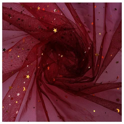Hrlace 1M Tüllstoff 150cm Breit Glitzer Tüll Dekostoff Stern Mond Pailletten Tüll Stoff Tüllband Glitzer Garn Deko Fabric für DIY Nähen Bekleidung Tutu Röcke Hochzeit Party Deko Weinrot 100 x 150cm