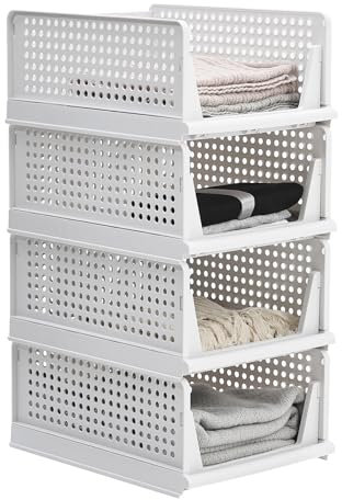 Qivange Wardrobe Storage Organiser Set of 4 Stackable Drawer Organiser Plastic Wardrobe Storage Box Shelves for Home Closet Pantry Laundry Bedroom, Collapsible Foldable Storage Box