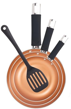 RENBERG ROYCE REECO - Set 4 Stück Bratpfannen + Rillenspachtel (18, 22, 26 cm) Recyceltes Aluminium - Ergonomischer Griff - Antihaftbeschichtung - Induktionsgeeignet