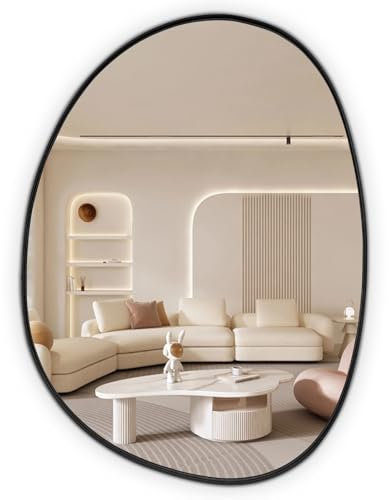 Warmiehomy Bathroom Mirror Irregular Asymmetrical Mirror with Black Frame Wall Mounted Pebble Mirror for Living Room, Bathroom, Bedroom, Entryway Wall Decor 76x56cm