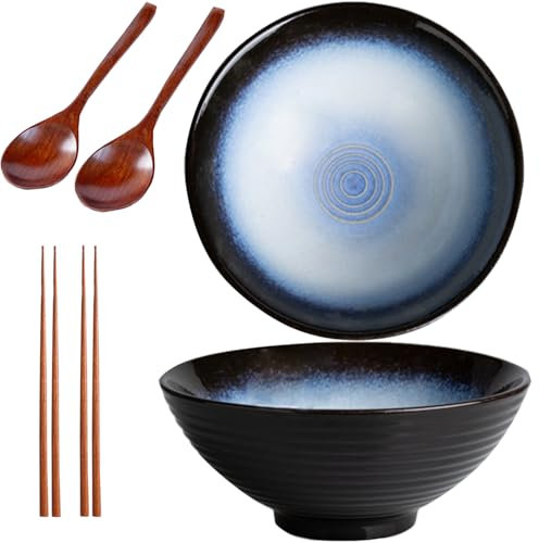 Sightday Noodle Bowl Set of 2 - 1200ml Ceramic Bowl for Pasta, Snack, Soup, Salad, Cereal - Black (Includes Ramen Spoons & Chopsticks)