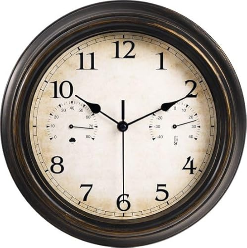 IvoQ Vattentät utomhusklocka med termometer och hygrometer - vattentät väggklocka - vintage och snygg - perfekt för inomhus- och utomhusbruk