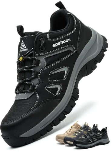 SPSHOOS Arbeitsschuhe Herren S1P Sicherheitsschuhe Damen Leicht ESD Stahlkappenschuhe Küche rutschfest Atmungsaktiv Sportlich Schwarz EU 39