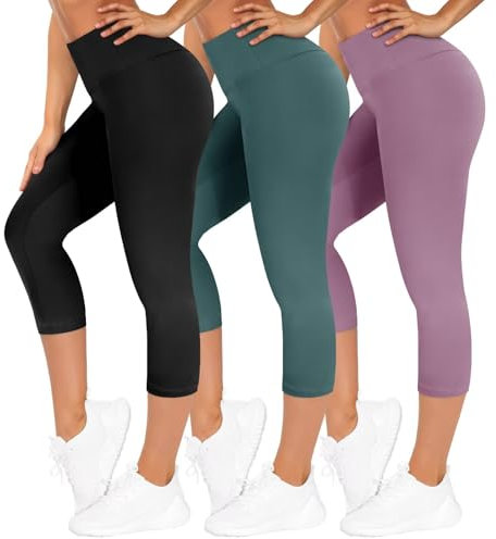 TNNZEET 3er Pack Capri Leggings Damen 3/4 für Sport, 7/8 Leggins High Waist Hose Sporthose für Gym Yoga(Schwarz/Dunkelgrün/Helllila,L-XL)