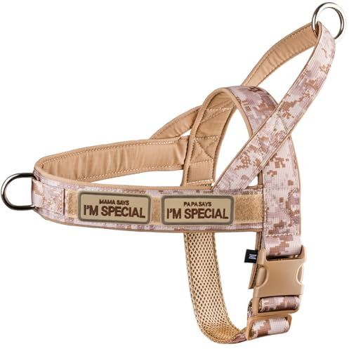 No Pull Hundegeschirr für kleine mittelgroße Hunde, reflektierend ausbruchsicher verstellbar ohne Zug, Hundegeschirr Tarnfarbe Khaki, L