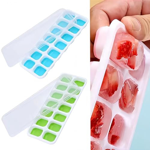 2 Pcs Ice Cube Trays, Ice Cube Moulds with No-Spill Removable Lid, Easy-Release Silicone and Flexible Ice Trays for Freezer, Whiskey, Cocktail and Drink (Blue Green)