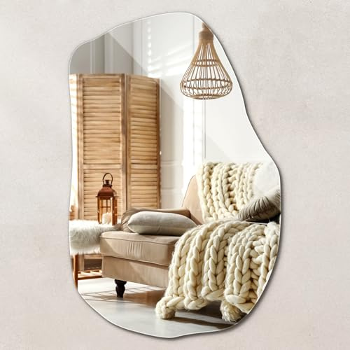 Wallfluent Glas Spiegel Asymmetrische 100x65 cm Wellige Form Organischer Aspekt Hängend Glatte Kanten Wanddekoration Ästhetik Einzigartig Ohne Rahmen Industrial-Stil Wandspiegel