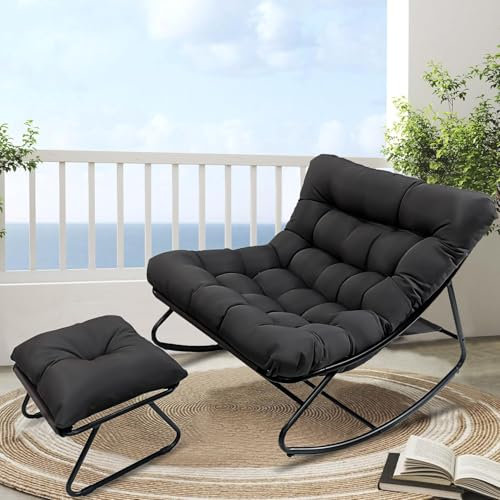 AlpineAura Schaukelstuhl mit Hocker Garten Schaukelsessel Relaxstuhl Wohnzimmer Lesesessel mit Gepolsterter, Schwingsessel Patio, bis 150 kg, für Garten, Hof, Schlafzimmer (Schwarz)