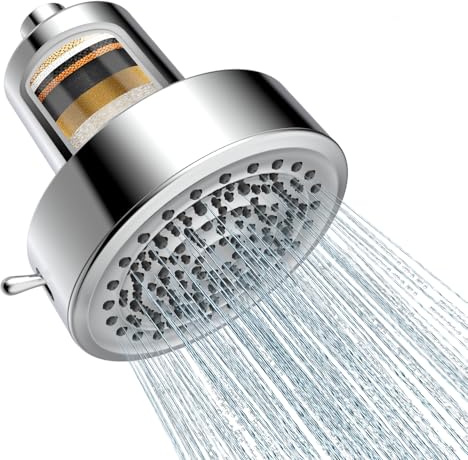 Duschkopf mit Filter, Entfernt Chlor und Schwermetalle, Hochdruck-Duschkopffilter für hartes Wasser, 6 Strahlarten, Einfache Installation, Schneller Filterwechsel per Knopfdruck (Silber)