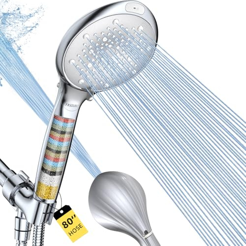 FASDUNT Shower Head with Handheld, High Pressure 8-Mode Filtered Shower Head with 80 Extra Long Stainless Steel Hose & Adjustable Bracket, Built-in Filter for Hard Water -Remove Chlorine, Chrome