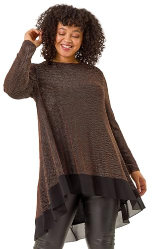 Roman Originals Chiffon Dipped Hem Top Asymmetric Tunic for Women UK Ladies Stretchy Jersey Flared Blouse Smart Fit & Flare Form Casual Loose Longline Party Hanky Tunics - Bronze Plus - Size 16
