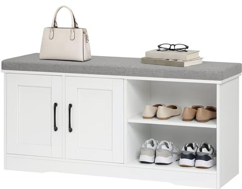 MAHANCRIS Schuhbank mit gepolstertem Sitz, Sitzbank mit Doppeltür und verstellbarem Seitenregal, Schuhregal mit Sitzfläche, Aufbewahrungsbank am Fußende des Bettes, für Flur Weiß und Grau ABSWT1201