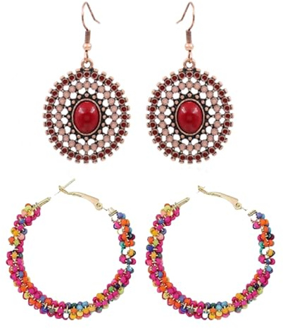Böhmische bunte Perlen Ohrringe, 2 Paar Böhmische Ohrringe Bunt mit Perlen, Glas und Kristallen,Boho Ohrringe als Konfetti Kostüm Damen Accessoire, Baumelnden Statement-Ohrringe sind
