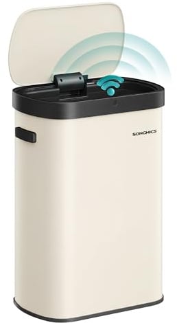 SONGMICS Motion Sensor Kitchen Bin, 13-Gallon (50 L) Automatic Rubbish Bin, Wave or Touch to Open, Soft Close Lid, Steel, Includes 15 Bags, Cream Colour LTB640AZ02