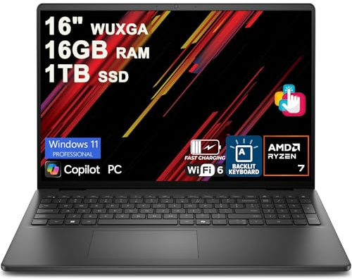 Dell 16 Laptop 16 Zoll WUXGA Touchscreen AMD 8-core Ryzen 7 250 16GB RAM 1TB SSD Backlit ExpressCharge Wi-Fi6 für Creator Designer Business Professional Work Win11Pro