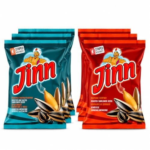 Jinn Geröstete Sonnenblumenkerne mit Schale – 6 x 250 g Mixpack | 3x Leicht Gesalzen & 3x Ungesalzen | Knuspriger Snack für Zuhause und unterwegs | Snack Mix Vorratspack