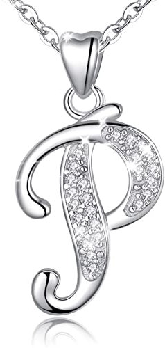 AEONSLOVE Damen Buchstaben Kette Silber Halskette Buchstabe P Kette Mit Buchstaben Brief des Alphabets Initiale Anhänger mit Zirkonia Schmuck Geschenk für Mädchen