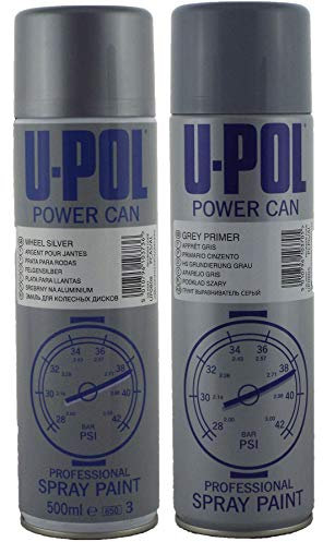 UPOL U-POL Power Can 500ml Grey Primer + Alloy Silver Spray Aerosol Paint X2 Pack