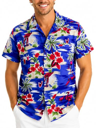 King Kameha Funky Hawaii Hemd Männer - Luftiges Hawaiihemd Herren Kurzarm, Flamingos, Indigo-Blau, XL