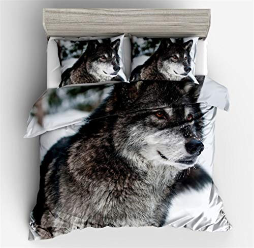 HNHDDZ Bettbezug Wolf Bettwäsche Set 3D Tier Mmuster Druck Schwarz Grau Rot Grün Bettbezug und Kissenbezug für Kinder Boy Mikrofaser (Wolf 2, Bettbezug 155x220 cm + 2 Kissenbezug 80x80 cm)