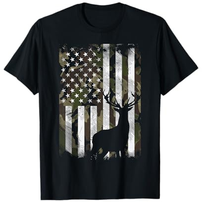 Camo US Flag Deer Elk Buck Camoflage Hunting Hunter Dad Gift Short Sleeve T-Shirt