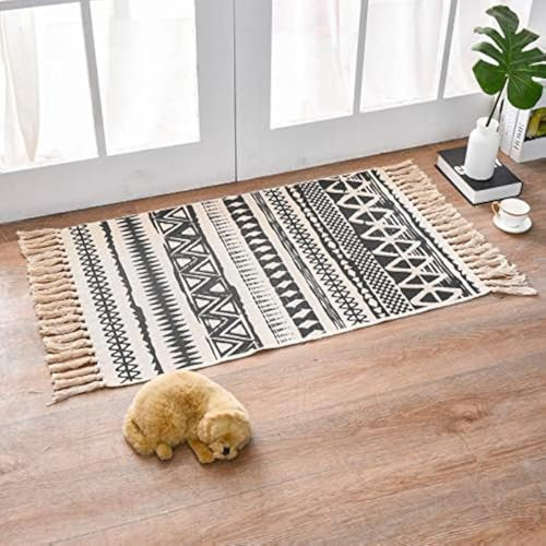 Ewolee Teppich, Boho Teppich mit Quasten Gewebte Waschbare Baumwolle Teppiche für Küche, Wohnzimmer, Schlafzimmer, Waschküche, Eingangsbereich, 60x90cm