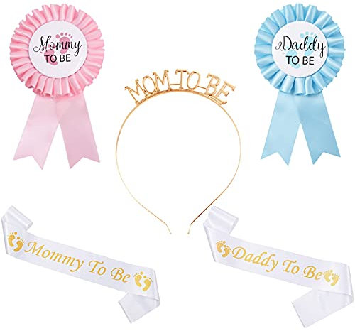 5Pcs Mom to Be Schärpe Abzeichen Mom to Be Krone Stirnband Haarreif Mummy to Be Schärpe Daddy to be Abzeichen Taufe Baby Shower Babyparty Babydusche Schwangerschaft Mutterschaft für Mädchen Junge