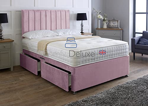 Comfy Deluxe LTD Plush Velvetto Divan Bed Set With Matching Apollo Headboard And Memory Sprung Mattress | Divan Bed Frame | Bed Base | Premium Velvetto Fabric (Rose Pink, 4.0FT Small Double 0 Drawer)