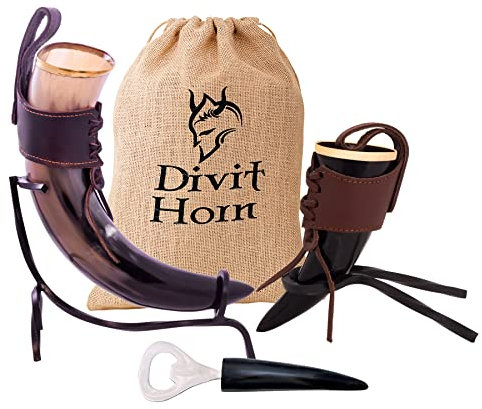 Divit Horn Auténtico Cuerno para Beber Vikingo, Trago de Cuerno, abridor de Botellas (Juego de 3 Piezas) | Auténtico Cuerno Medieval para Beber | Bolsa de Regalo de Lino incluida Cuero, Pulido 16 oz