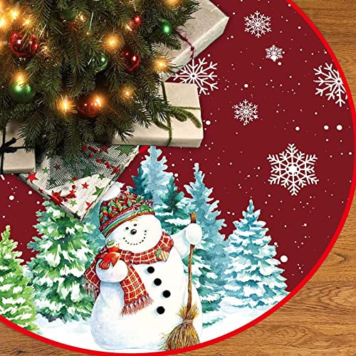 Weihnachtsbaum Decke 120cm, Dunkelrot Weihnachtsbaum Rock mit Schneemann & Schneeflocke, Polyester Weihnachtsbaumdecke Christbaumdecke Tannenbaumdecke für Weihnachten Party Winterferien Dekoration