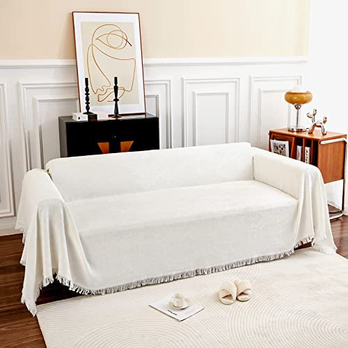 GAOWEI Sofaüberwurf Decke für 2 Sitzer Mit Dekorativen Quasten, Doppelseitige Cover für Couch und Bett, Rautenmuster Mit Blättern und Blumen - Weiß, 180 x 230 cm