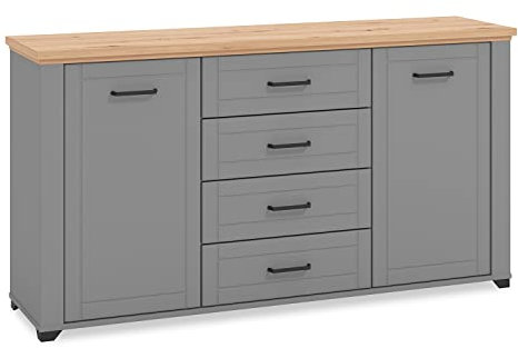 Homestyle4u 2303, Kommode Sideboard Eiche Matt Grau Holz Massiv Schrank mit Schubladen Highboard Anrichte