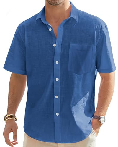 J.VER Mens Linen Shirts Short Sleeve Summer Button Down Casaul Lightweight Cotton Holiday Beach Shirt with Pocket Royal Blue L